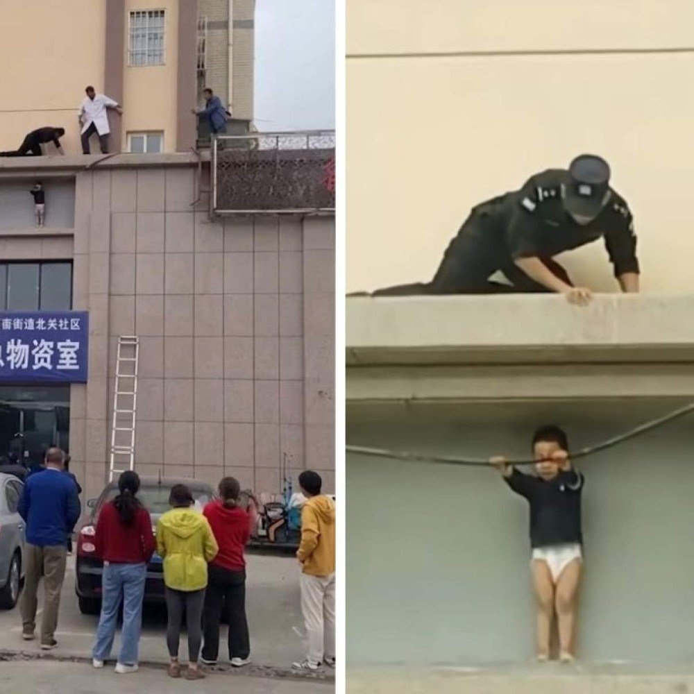 Menino de 3 anos é resgatado após ficar pendurado em prédio na China