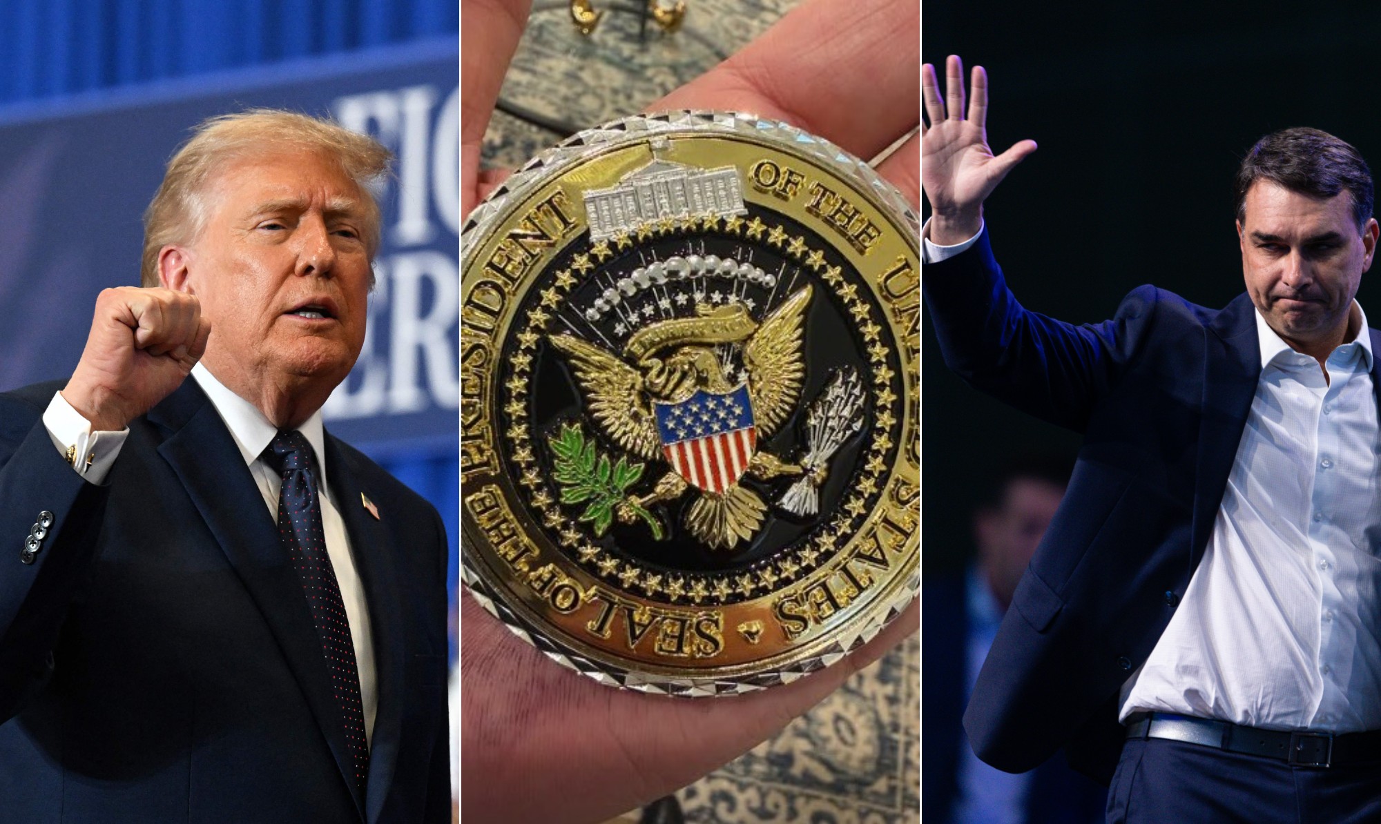 Flávio Bolsonaro recebe challenge coin de Trump em encontro nos EUA
