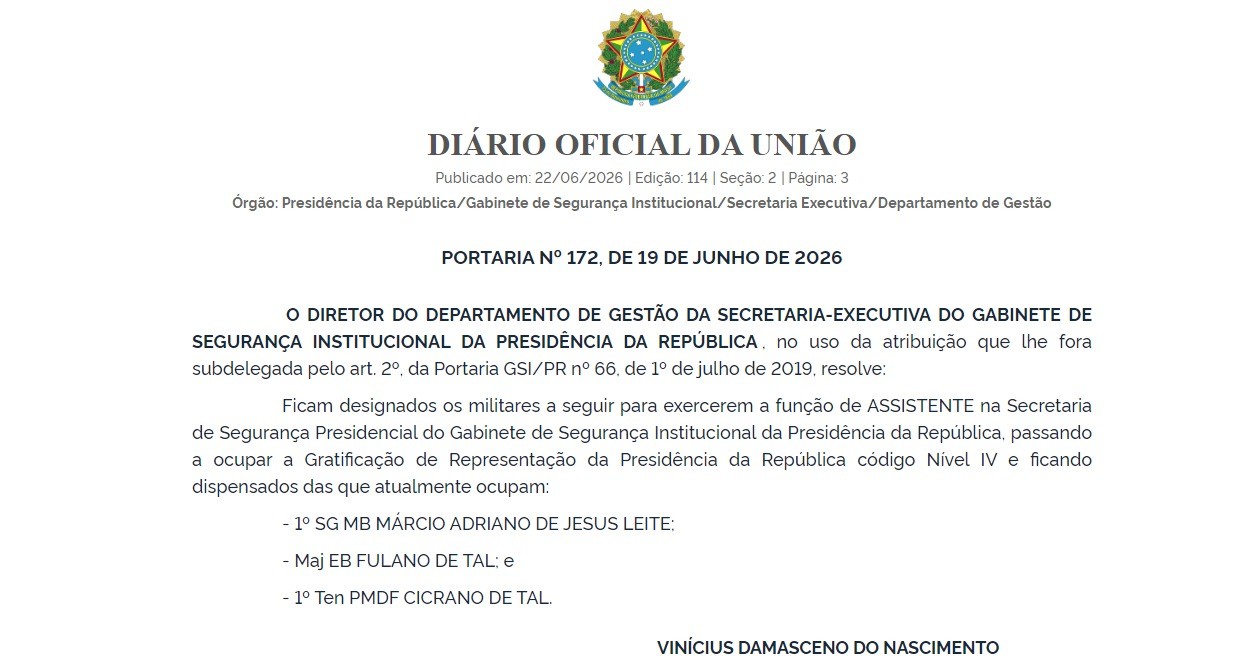 Portaria com ‘Fulano de Tal’ no DOU expõe falha no GSI