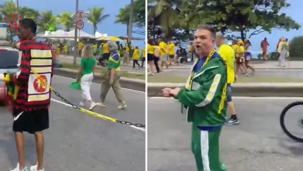 Homem negro aparece acorrentado durante ato de apoio a Flávio Bolsonaro no Rio