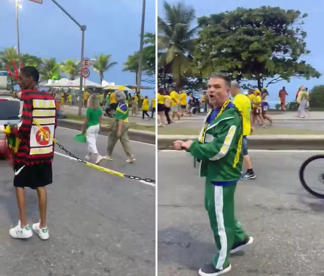 Homem negro aparece acorrentado durante ato de apoio a Flávio Bolsonaro no Rio