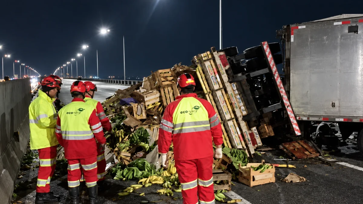 Carreta tomba na Ponte Rio-Niterói, espalha carga na pista e provoca transtornos no trânsito