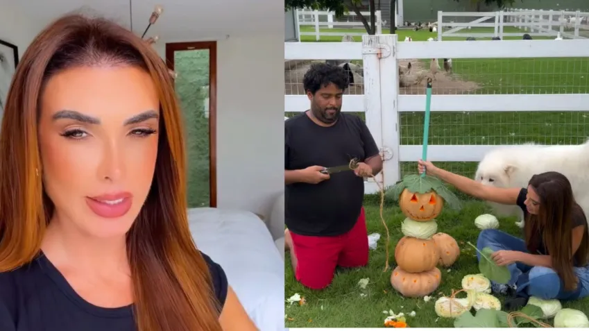 Nicole Bahls faz festa de Halloween para galinhas com abóboras e repolhos no sítio